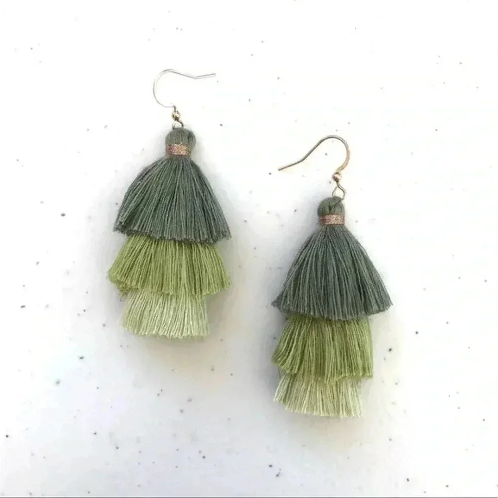 Greens Boho Gold Tone 3 Tier Tassel Earrings NWT